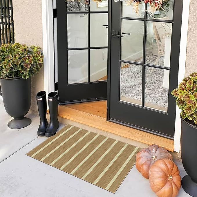 Front Door Rug - 2x3 Non-Slip Door Mat Washable Doormat Indoor Outdoor Entrance Tan Beige Striped Small Throw Rugs for Entryway Bedroom Laundry Room Kitchen Mat for Floor Front Porch Decor