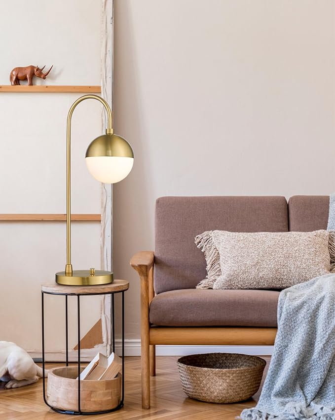 LMS Modern Gold Table Lamp with White Glass Globe, Gold Desk Light Bedside Lamp with Brushed Brass Finished for Living Room Office Nightstand, Dimmable Switch