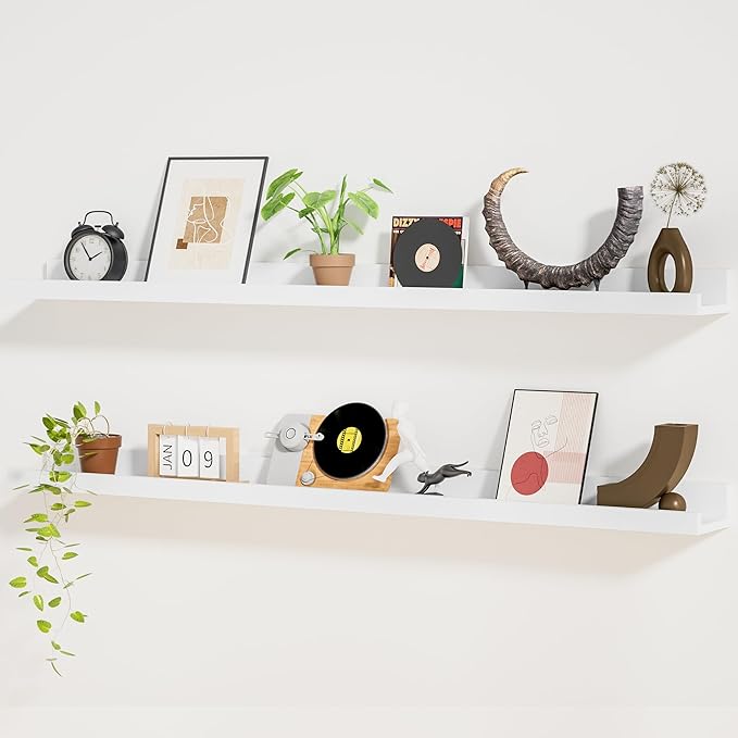 Heimlove Picture Ledge Shelf,48 inch Long Floating Shelves for Wall Set of 2,White Picture Shelf with Lip for Wall Decor,Living Room,Bedroom,Bookshelf,Nursery,Perfume