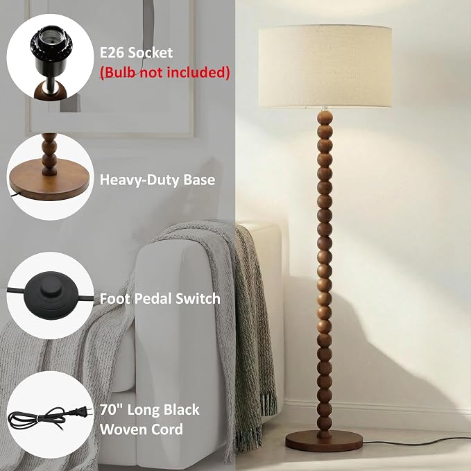 Buruis 61" Beaded Wood Floor Lamp with 17.2" Large Linen Shade, Retro Mid-Century Accent Walnut Finish Standing Lamp for Living Room, Bedroom, Office, Corner, UL Listed, Bulb Not Included, Beige