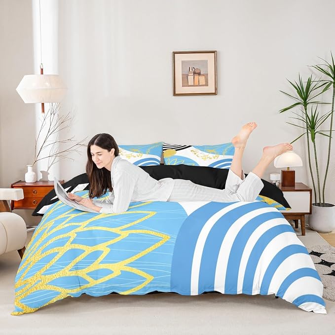 Erosebridal Sky Blue Boho Modern Duvet Cover Full Size for Women Men Adults - Mid Century Abstract Comforter Cover Bohemian Geometric Bedding Set Chic Contemporary Stripes Bed Set