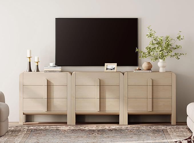 WAMPAT Large Sideboard Buffet Cabinet with Storage with 9 Drawers,Modern French 94.5" W Buffet Cabinet with Storage,Wood Coffee Bar Cabinets with Curved Edge Design for Kitchen Living Room,Light Oak