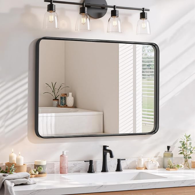 Bathroom Mirror 30x22 Inch Black Metal Frame Rectangle Vanity Mirror with Rounded Corners, Modern Wall Mounted Anti-Rust Mirror for Farmhouse, Restroom, Entryway, Horizontal or Vertical Hanging