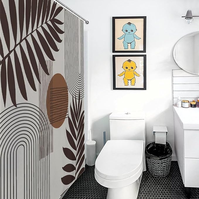 Mid Century Abstract Boho Shower Curtain Geometric Neutral Beige Modern Leaf Plant Semicircle Art Waterproof Shower Curtains for Bathroom Decor 12 Pack Hooks 55x72in（140x183cm）