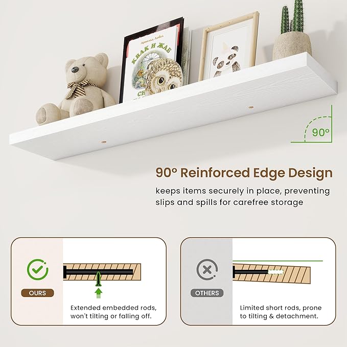 48in Floating Shelves for Wall, 48"W x 9.25"D x 1.25"H, 2 Pack Long Wall Mounted Engineered Wood Shelves with Invisible Brackets for Living Room, Bedroom, Bathroom, Kitchen Decor and Storage, White