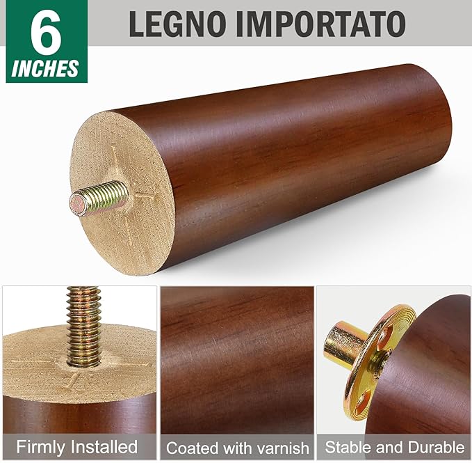 FoDau770 Brown Rubber Wood Furniture Legs 6 Inches, Straight Tapered Wood Feet Mid Century Sofa Legs Set of 8, 5/16" UNC Furniture Feet for Cabinet Couch Dresser Chair Ottoman Table