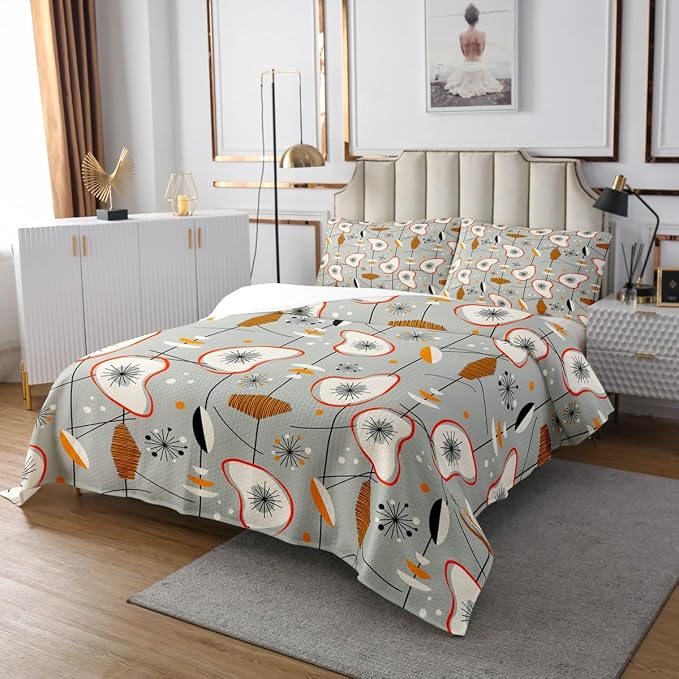 Erosebridal Grey Old Fashion Coverlet Queen Size Abstract Atomic Bedding Set, Brown Red White Aestheitc Bedspread Set Boho Mid Century Quilt Set, Minimalism Lines Bed Set 3 Pieces