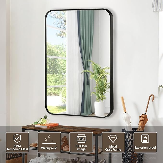 Black Bathroom Mirror, 22x30 Inch Matte Black Mirror, Aluminum Alloy Framed Vanity Mirror, Rounded Rectangle Mirror for Over Sink, Anti-Rust Wall Mirror (Horizontally or Vertically)