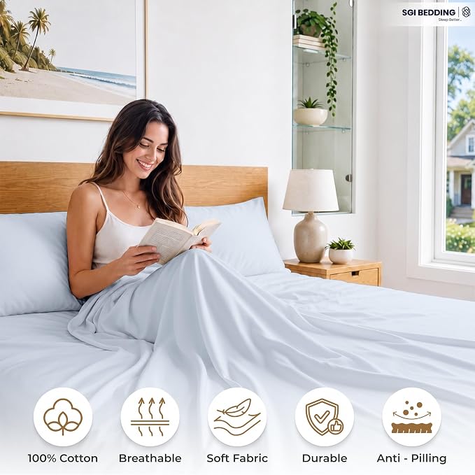 SGI bedding RV Short Queen Sheet Set 60x75, 600 TC Egyptian Cotton, 4 Piece Luxury Hotel Collection, Ultra Soft & Breathable, Fits RV Mattress Camper & Trailer, 15 Inch Pocket, Light Blue