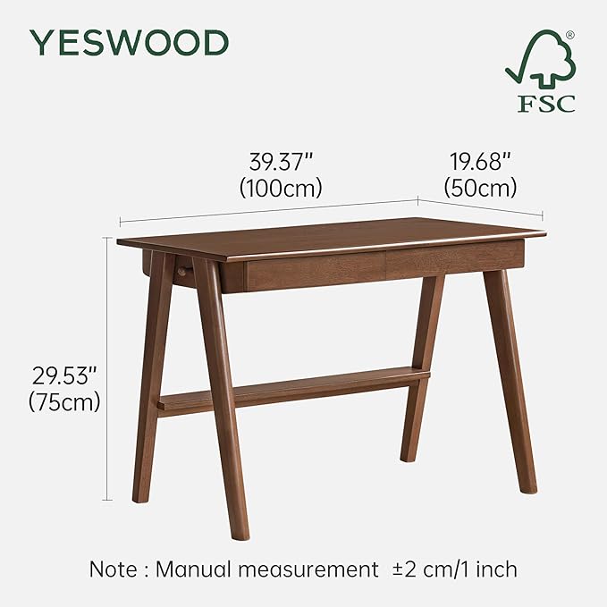 YESWOOD 100% Solid Rubber Wood Desk, Mid Century Modern Writing Computer Desk in Walnut Finish with Drawer for Home Office, Sturdy Room, Bedroom 39.37" W