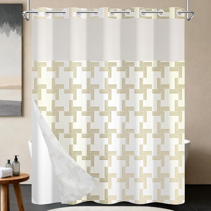 No Hook Shower Curtain with Snap in Liner, Gold Geometric Pattern, Waterproof Fabric Double Layers for Bathroom, See Through Top Window, 71x74 Inch