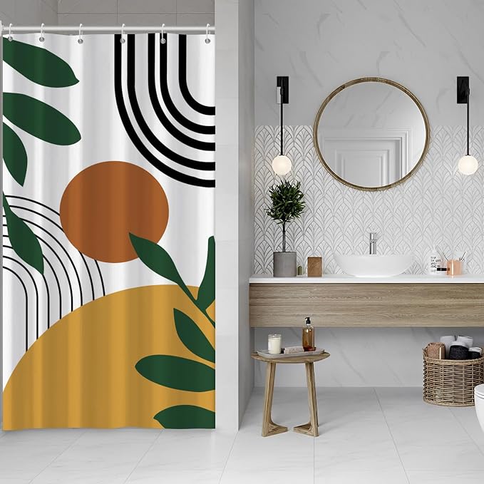 Boho Geometric Shower Curtain White Beige Mid Century Abstract Arch Curve Bathroom Curtain Minimalistic Sun Shower Curtain Sets for Bathroom Extra Long 54x72 in with 10 Hooks