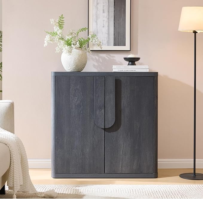 34.5'' Sideboard Buffet Cabinet W/Storage, Modern Accent Cabinets W/Curved Handles & Adjustable Shelves, 2 Doors Coffee Bar Buffet Table Credenza for Living Room Kitchen Hallway, Natural Oak