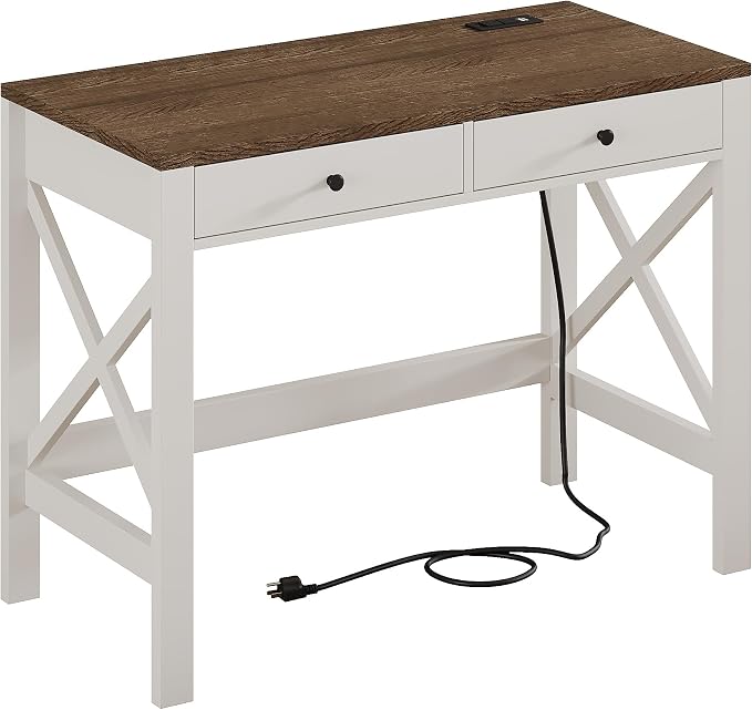 ChooChoo Computer Desk with USB Charging Ports and Power Outlets, Modern Simple 40 Inches Desk with Drawers, Makeup Vanity Console Table, Soft White
