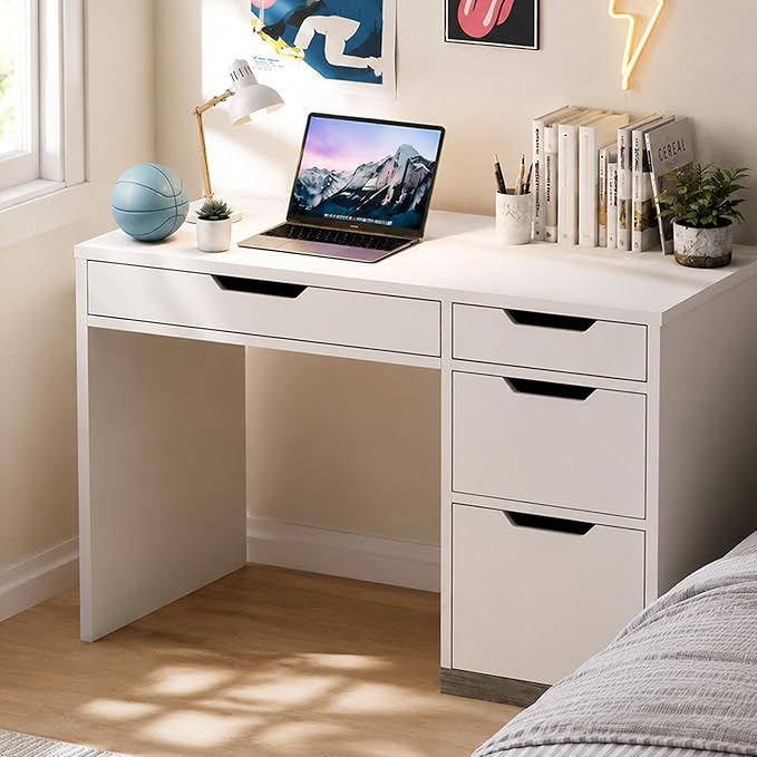 MaverickFurni White Desk with Drawers, 48 Inch Small Computer Desk for Bedroom, Modern Study Writing Desk with 4 Storage Drawers for Teens & Home Office