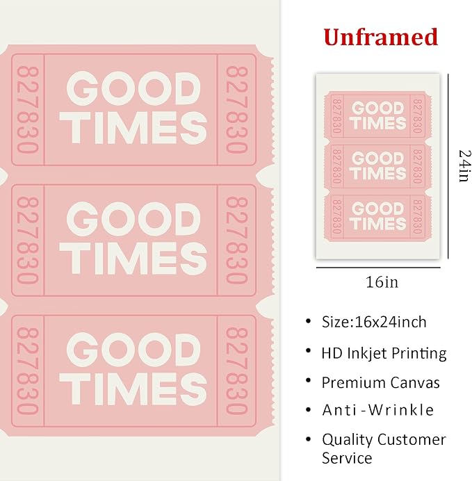 Good Times Ticket Wall Art Pink Retro Poster Bar Cart Prints Pink White Painting Pink Trendy Pictures Ticket Poster Beige Modern Wall Art Preppy Aesthetic Paintings for Living Room 16x24in Frameless