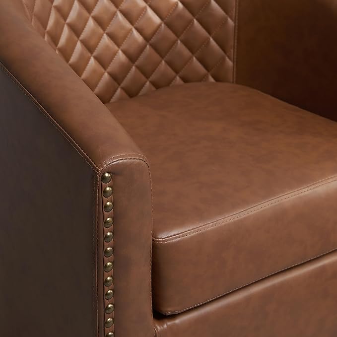 KINWELL 29" Wide Tufted Faux Leather Accent Chair, Small Swivel Barrel Chair, Modern Round PU Leather Upholstered Armchair with Nailhead Trim for Living Room Apartment, Brown