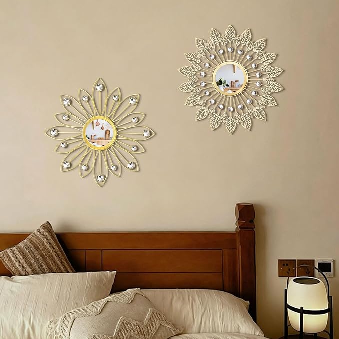 2 Pack Metal Mirrors for Wall Boho Sunburst Wall Mirror Home Decor Modern Decorative Wall Art for Bedroom Living Room Entryway