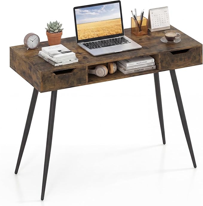 Giantex Mid Century Modern Computer Desk with Drawers, 42.5" Writing Desk with Open Storage Cubby, Vanity Table with Metal Leg, Compact Wooden Study Table for Small Spaces Home Office (Rustic Brown)