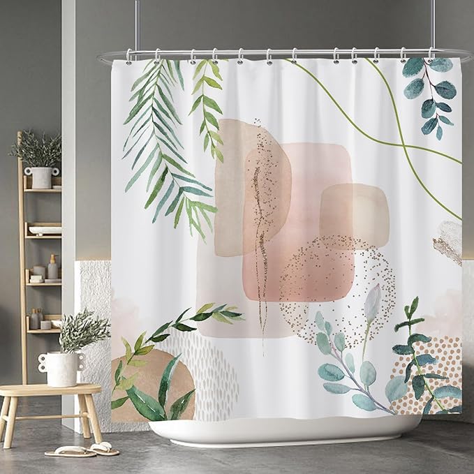 Baocicoo Minimalist Leaves Shower Curtain - Modern Abstract Geometric Botanical Design for Bathroom, Family, Camping, Hostel - Polyester With Hooks, 72x72 Inches