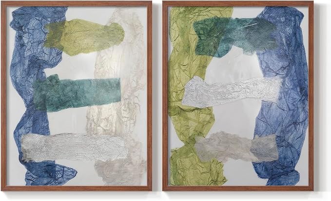 Renditions Gallery Set of 2 Peel & Stick Framed Prints, Elegant Abstract Wall Art, Dyed Cloth Texture Wall Decor, Re-Stickable - Ready to Hang - 16"x20" - Walnut Frame LT588