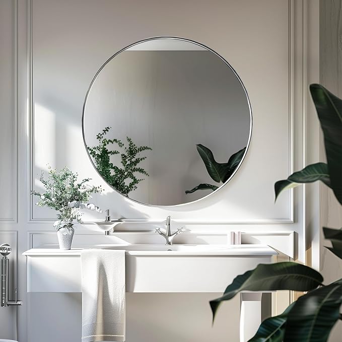 Sunniry Silver Round Mirror 24 inch, Circle Mirror with Brushed Metal Frame, Nickel Circle Mirrors for Living Room, Bathroom, Wall, Hallway.