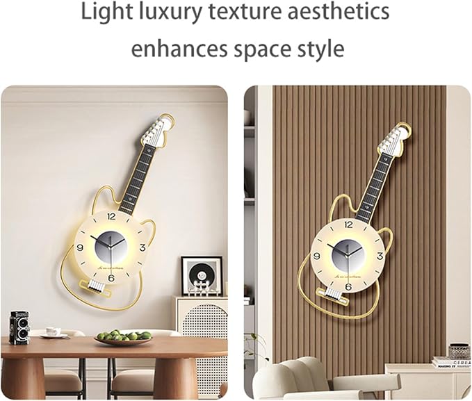 Guitar Wall Clock with Adjustable Light, Silent Clock Movement and Battery Operated, Great Decor for Music Room, Bedroom,Living Room