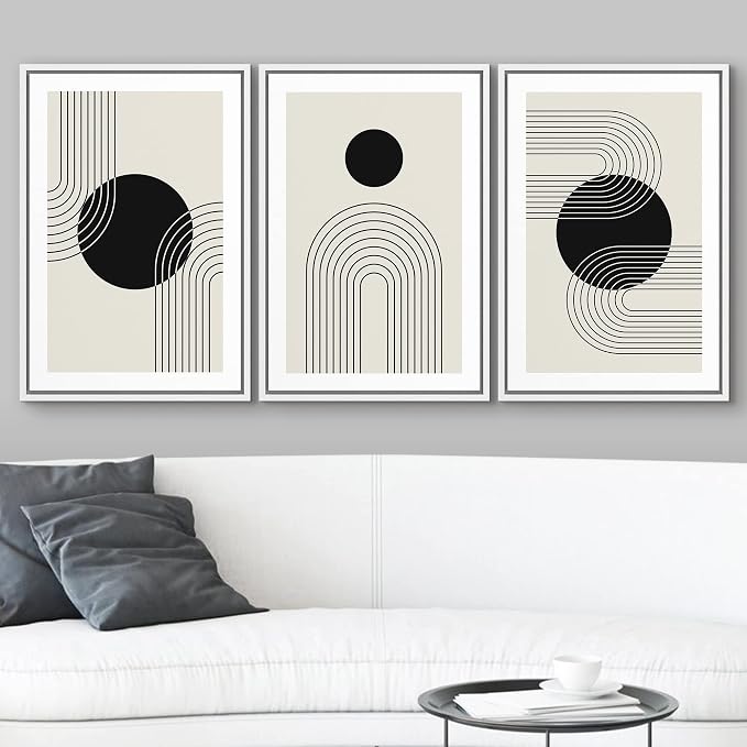 wall26 Framed Wall Art Print Set Boho Black Dots with Swirling Line Art Abstract Patterns Digital Art Modern Art Bohemian Chic Relax/Calm for Living Room, Bedroom, Office - 24"x36"x3 White
