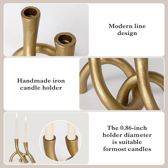 Gold Cast Iron Taper Candle Holder, Candlestick Holder Decorative, Gift Tapered Candle Holders for Home Decoration, Bedroom, Dinning, Mantel, Kitchen, Party, Set of 2