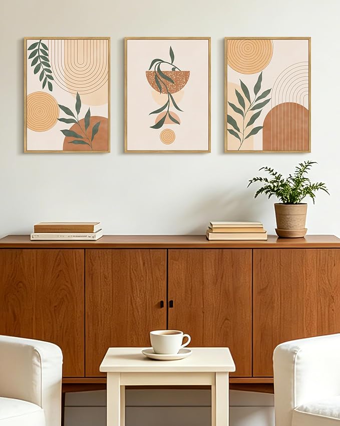 KUVIOKE Boho Wall Art Framed Canvas Botanical Mid Century Modern Wall Printing Neutral Abstract Geometric Prints Bohemain Sage Decor for Farmhouse Living Dining Room 12x16in (Natural Framed)