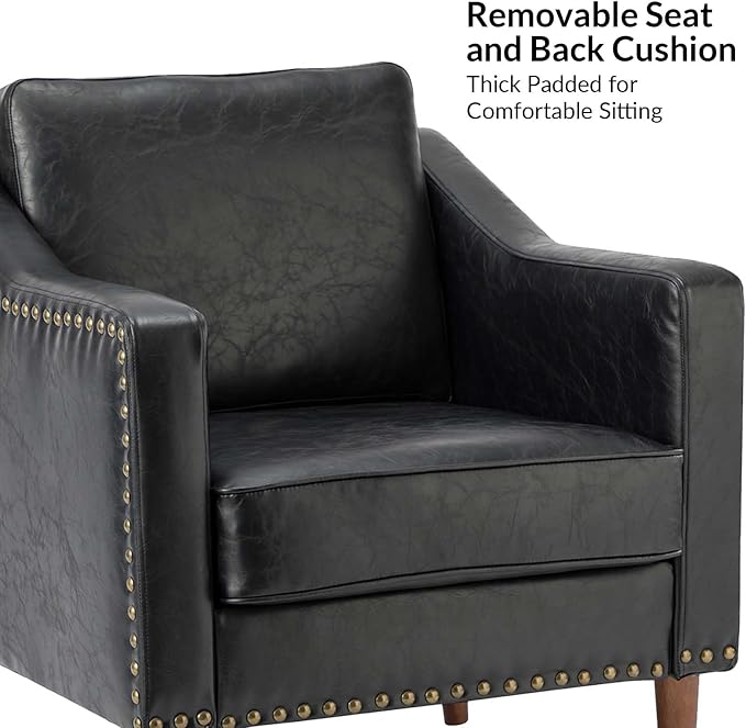 HULALA HOME Faux Leather Accent Armchairs Set of 2 with Back & Seat Cushions, Traditional Club Chairs with Nailhead Trim, Comfy Upholstered Sofa Chairs for Living Room Bedroom, Black