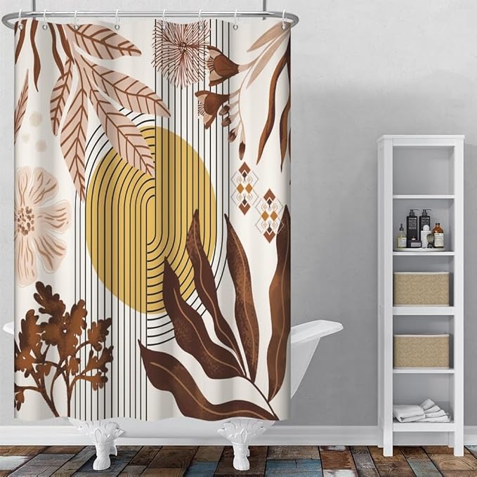Mid Century Boho Shower Curtain for Bathroom Brown Leaves Orange Sun Arch Stripes Floral Shower Curtains Vintage Abstract Bathroom Set Decor Washable Waterproof Polyester Fabric with Hooks 36x72 Inch