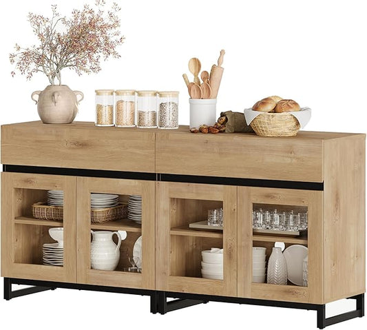 WAMPAT 63'' Multifunctional Sideboard Buffet Cabinets with 4 Glass Doors and and 2 Drawers, Modern Sideboard Credenza, Coffee Bar Storage Cabinet for Living Room, Kitchen, Oak