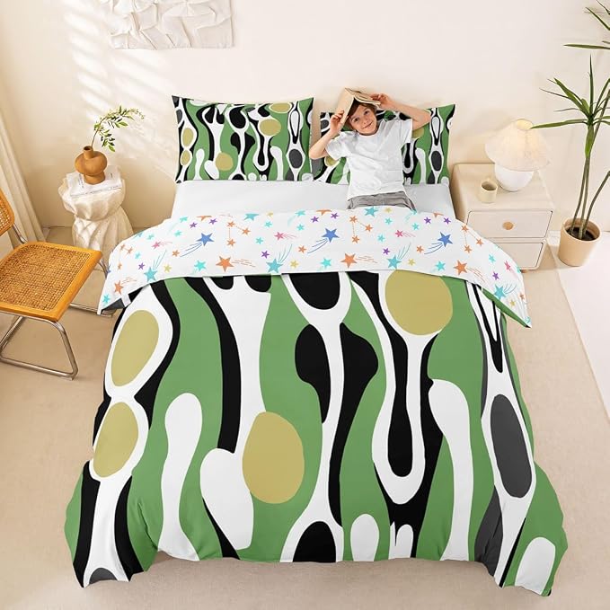 Erosebridal Organic Geometric Duvet Cover Set Modern Abstract Queen Bedding Set for Youth Boys Retro Mid Century Comforter Cover Modern Fluid Art Irregular Circles Bed Sets,Sage Green Khaki