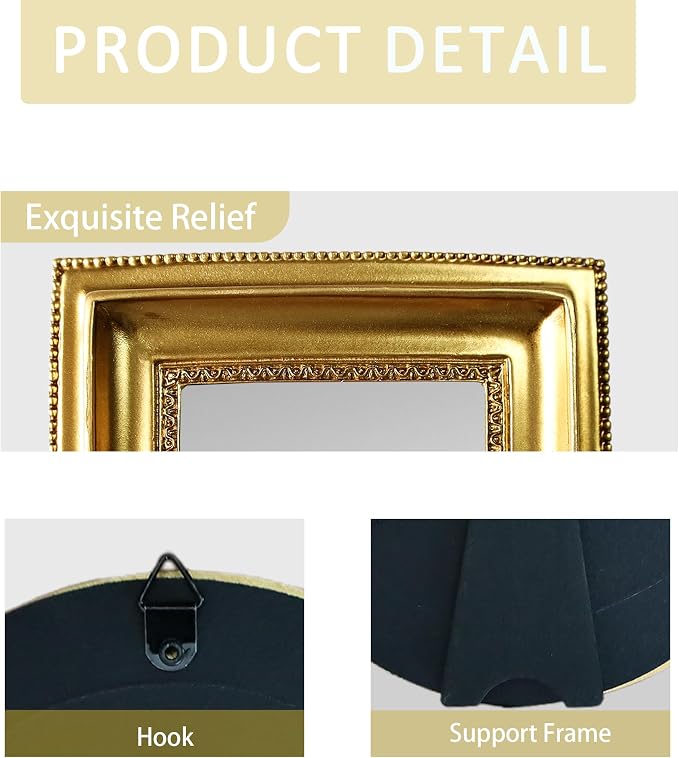 Golden Mini Vintage Mirror with Exquisite Relief Elegant Wall Decor for Bedroom Dresser Table Compact Resin Retro Design (Gold Rectangle, 4.5X5.5)