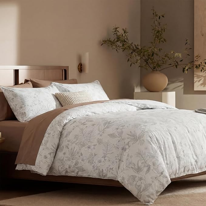 100% Cotton Floral Duvet Cover Set Queen Size Ultra Soft Breathable Grey Floral and Leaf Comforter Cover Set 3 Pcs All Season Cozy Floral Bed Cover with Zipper Closure
