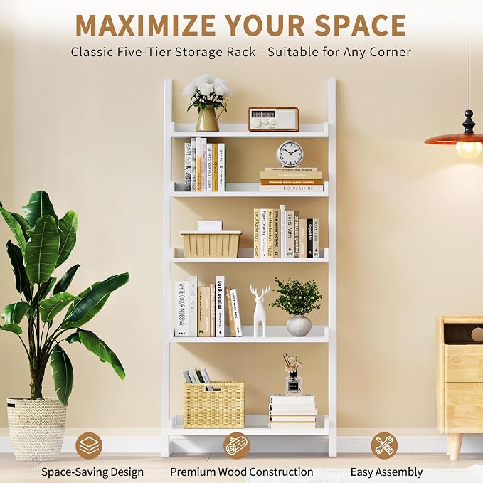 Uniclinens White Wooden Ladder Shelf, 5-Tier Leaning Bookshelf, Ladder Bookshelf for Compact Spaces, Leaning Bookcase for Living Room, Bedroom, Home Office
