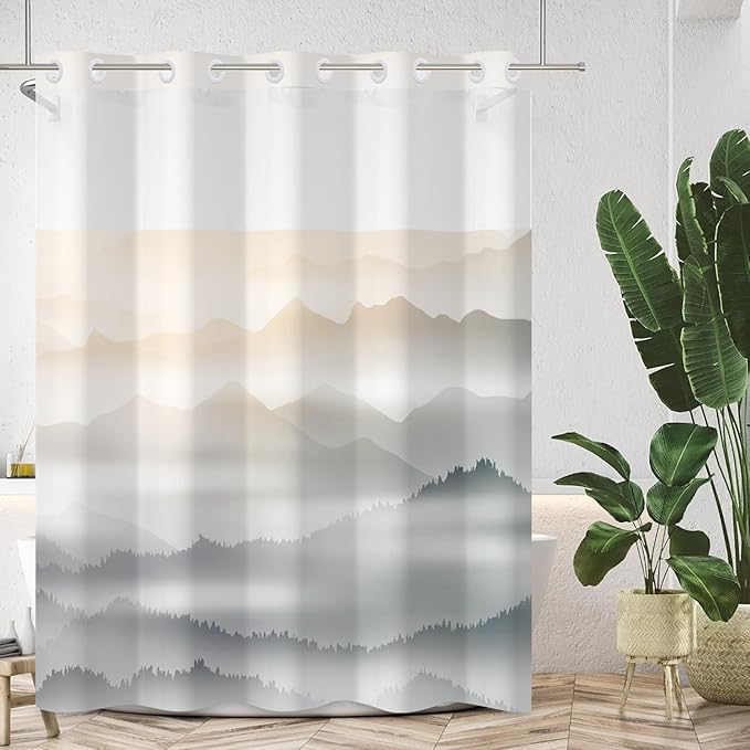 No Hook Shower Curtain with Snap in Fabric Liner Set Nature Misty Mountains Shower Curtains for Bathroom Modern Double Layers Waterproof with See Through Top Window Bath Curtain 71x74 Inch