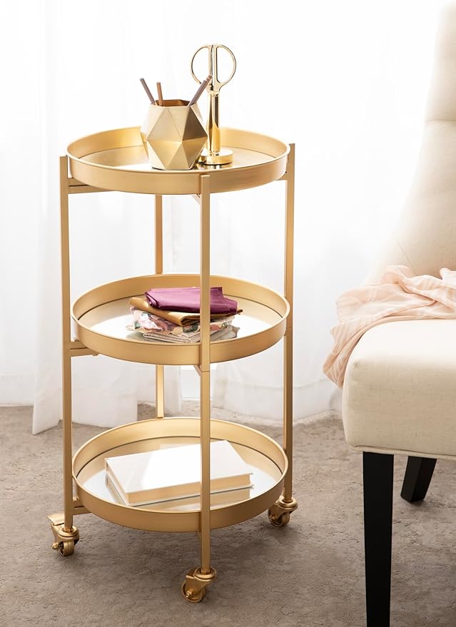 Kate and Laurel Celia Modern 3-Tier Bar Cart, 16 x 16 x 29, Gold, Decorative Round Rolling Serving Cart with Lockable Wheels and Three Tiers of Storage and Display Space