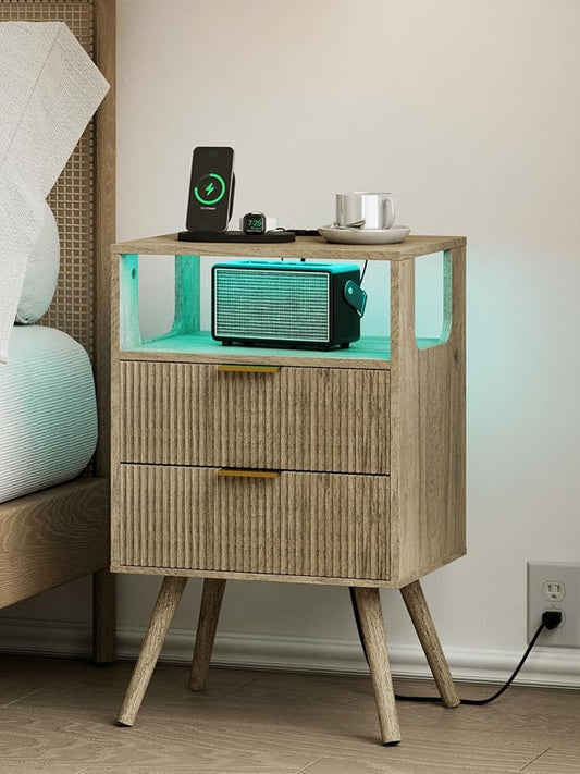 Nightstand with Charging Station and LED Lights, Modern Bedside Table with 2 Storage Drawer and Open Wood Shelf for Bedroom and Small Spaces, Night Stand with Solid Wood Legs
