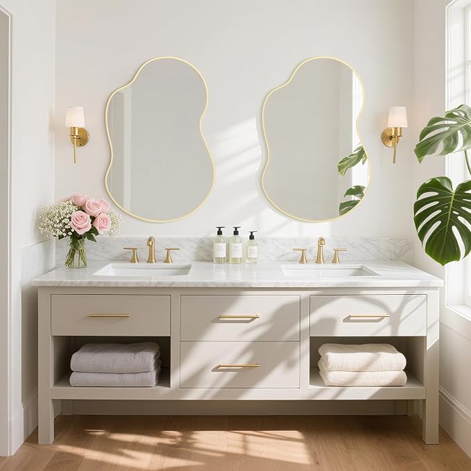 HOMECOOKIN 36" H x 24" W Irregular Wall Mirror, Asymmetrical Decorative Mirror with Gold Aluminum Frame, Wavy Abstract Gold Mirror, for Living Room, Bedroom, Bathroom, Entryway, Cloakroom