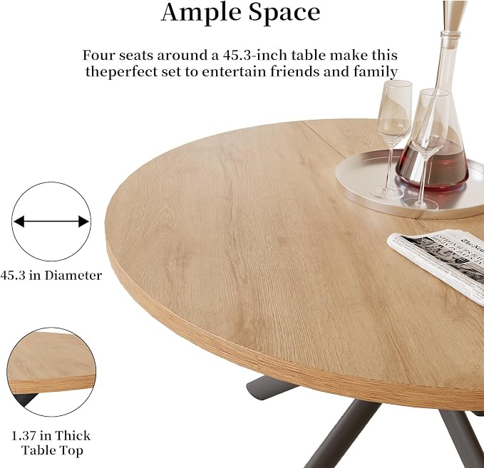 HIPIHOM 45.3 Inch Modern Round Dining Table for 4, Space-Saving Dinette with Carbon Steel Legs for Home Kitchen Apartment(Oak Table)