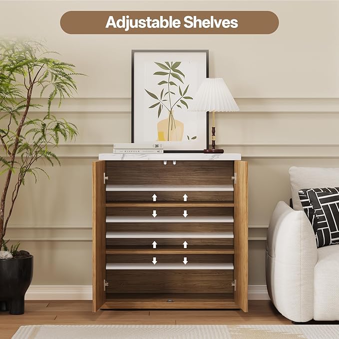 31” Sideboard Cabinet with Storage, Fluted Accent Cabinet with Adjustable Shelves, Modern Wood Credenza Cabinets with Pop-up Doors for Entryway Kitchen Living Room Hallway, Faux Marble Top 2pcs
