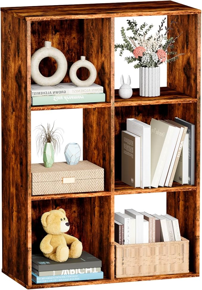 6 Cube Storage Organizer, Open Bookshelf Storage Cubes Shelf with Back Panel, Wooden Display Shelf Bookcase Standing Shelves for Living Room, Bedroom, Home Office (Vintage Brown, 6-Cube)