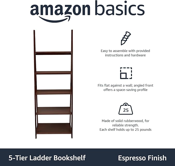 Amazon Basics 5-Tier Ladder Bookshelf Storage Organizer, Tall Bookcase for Small Space, Solid Rubberwood Frame, Modern Display Shelf, Espresso Finish, 14" D x 24.8" W x 70.1" H