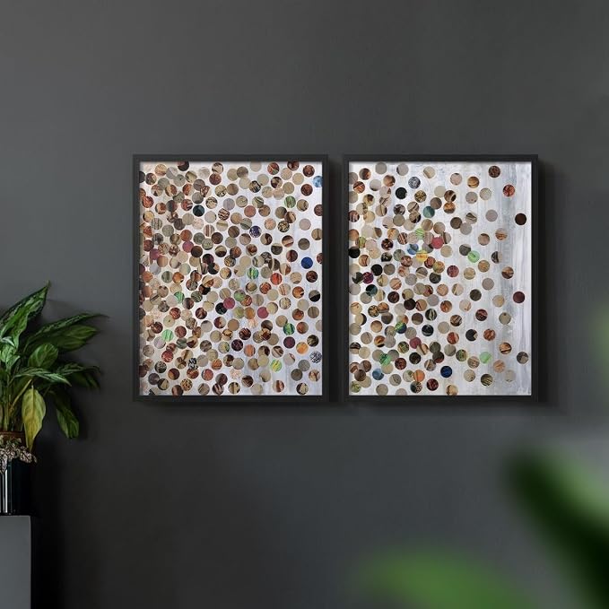Renditions Gallery Set of 2 Peel & Stick Framed Prints, Textured Abstract Wall Art, Scattered Circular Cutouts Wall Decor, Re-Stickable - Ready to Hang - 22"x28" - Black Frame LT588