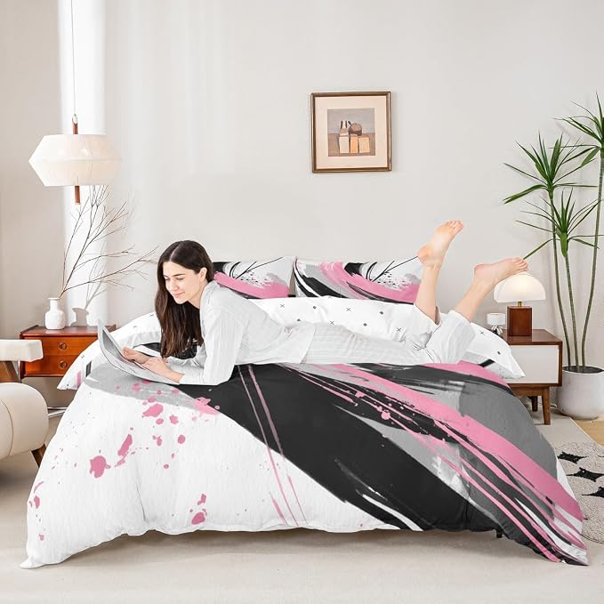 Erosebridal Black and Pink Duvet Cover Queen - Geometric Decorative Abstract Bedding Striped Bed Set for Girls Boys Adults Watercolor Minimalists Graffiti Aesthetic Lines Bed Cover