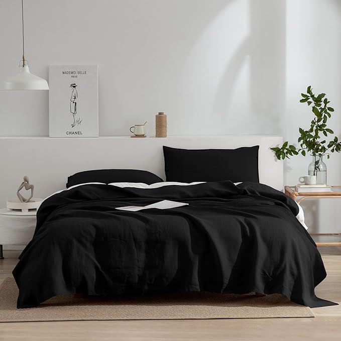 EVERLY Linen Sheets Set King Size,100% French Stonewash Pure Linen Bed Sheets,4Pieces (1Flat Sheet,1Fitted Sheet,2Pillowcase) Suitable for Hot Sleepers,Deep Pocket Natural Bedding Set-Black