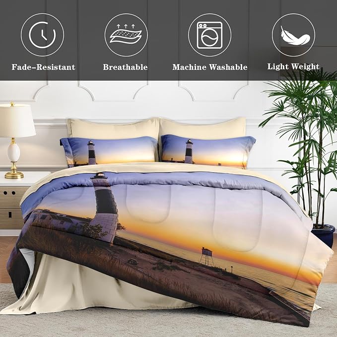 5Pcs Comforter Set Twin Size, Coastal Lighthouse Michigan Beach Lake, Bed Decor Sea Ocean House Sunset Seascape Bedroom Bedding Set Flat Sheet Fitted Sheet Pillowcases for Kids and Adults