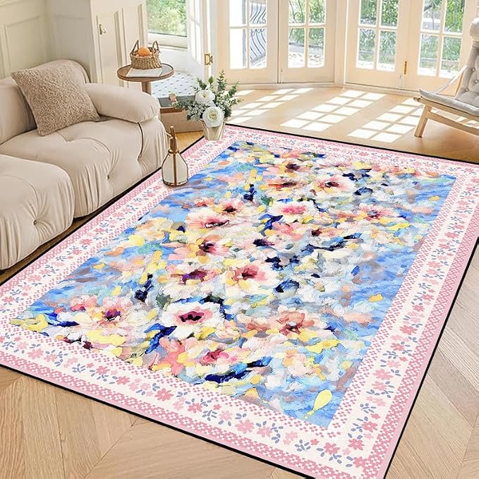 Floral Oil Painting Area Rug Watercolor Flower Print Rugs for Entryway Bedroom Living Room Nursery Kitchen Playroom Home Decor Washable Low Pile Floor Mat Carpet,5'x7'